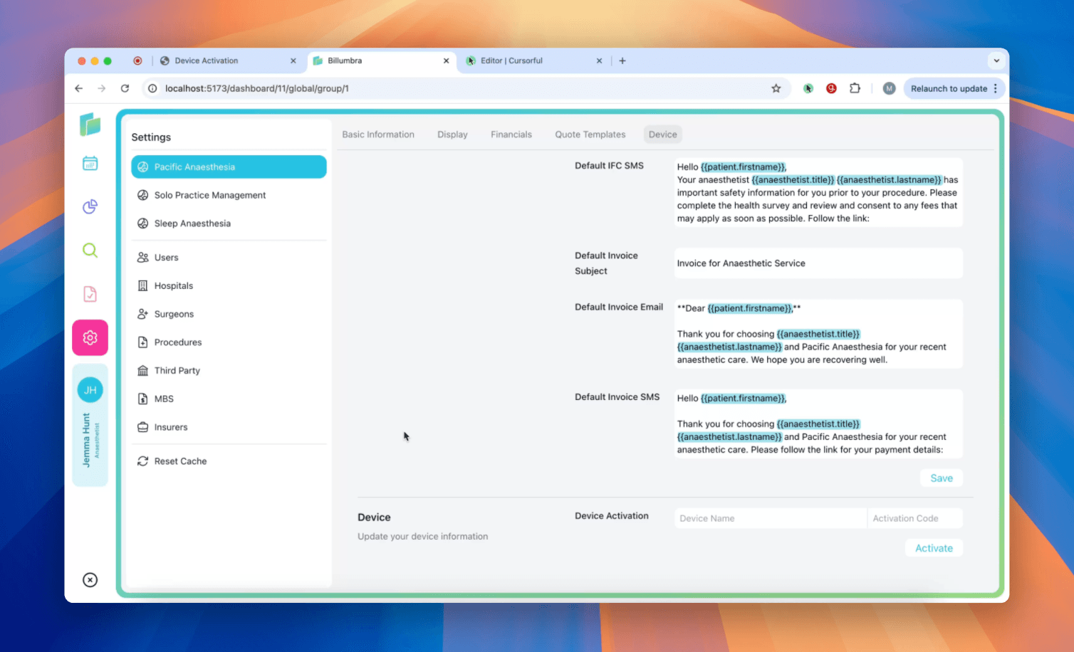 Device activation interface