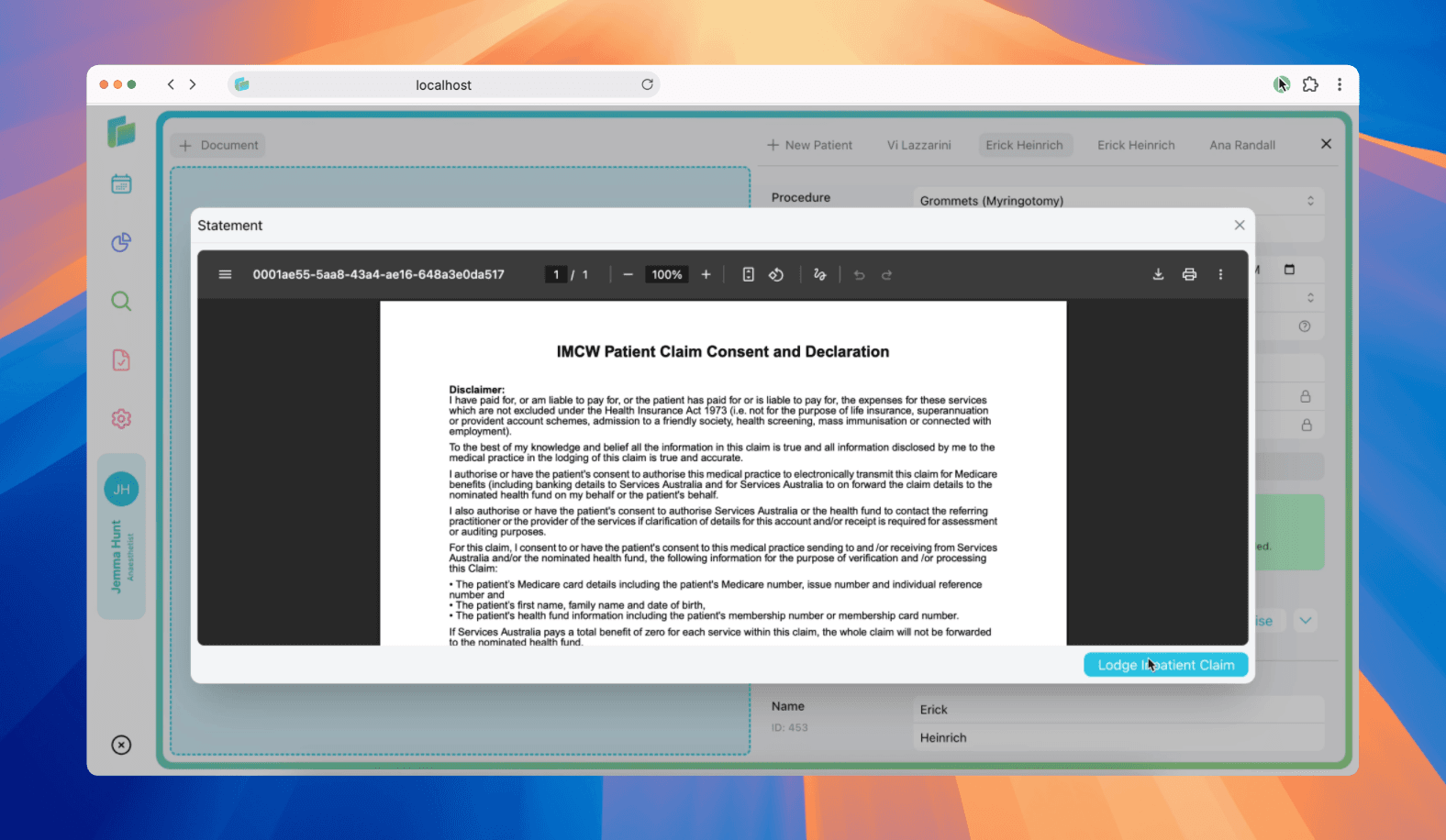 Inpatient claim interface